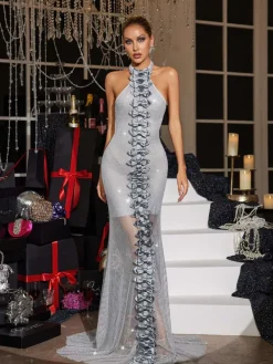 Maxi Dresses|Dresses*Mew Mews Fashion Scorpio Halterneck Bow Crystal Maxi Dress