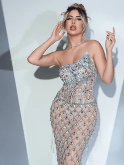 Embellishment|Dresses*Embellishment Sean Strapless Rhinestone Mesh Maxi Dress