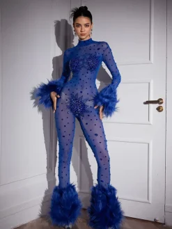 Jumpsuits & Romper*W Jia Shae Feather Trimmed Rhinestone Mesh Jumpsuit