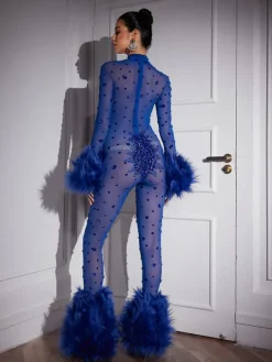 Jumpsuits & Romper*W Jia Shae Feather Trimmed Rhinestone Mesh Jumpsuit