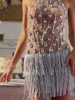 Embellishment|Dresses*Embellishment Shaelie Halterneck Rhinestone Fringe Mini Dress