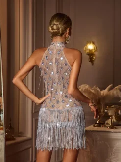 Embellishment|Dresses*Embellishment Shaelie Halterneck Rhinestone Fringe Mini Dress