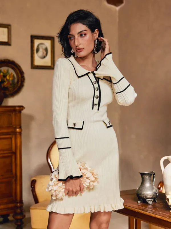 Dresses|Mini Dresses*Mew Mews Fashion Shalita Long Sleeve Ruffle Button Knitted Mini Dress