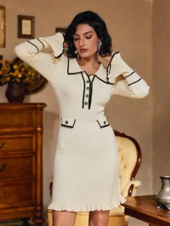 Dresses|Mini Dresses*Mew Mews Fashion Shalita Long Sleeve Ruffle Button Knitted Mini Dress