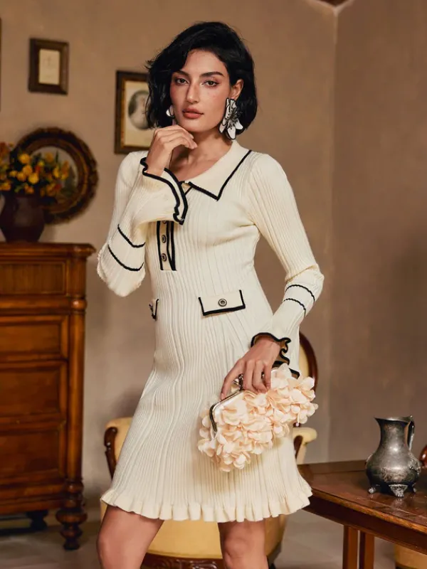Dresses|Mini Dresses*Mew Mews Fashion Shalita Long Sleeve Ruffle Button Knitted Mini Dress