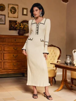 Dresses|Midi Dresses*Mew Mews Fashion Shalita Long Sleeve Ruffle Button Knitted Midi Dress In Apricot