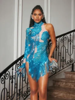 Bodysuits|Tops*Jiu Bajia O/S Shatora One Shoulder Rhinestone Fringe Bodysuit In Blue