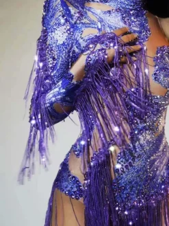 Bodysuits|Tops*Jiu Bajia O/S Shatora One Shoulder Rhinestone Fringe Bodysuit In Purple