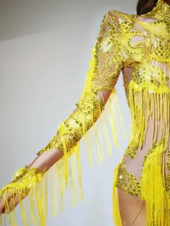 Bodysuits|Tops*Jiu Bajia O/S Shatora One Shoulder Rhinestone Fringe Bodysuit In Yellow