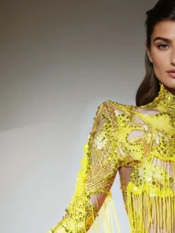 Bodysuits|Tops*Jiu Bajia O/S Shatora One Shoulder Rhinestone Fringe Bodysuit In Yellow