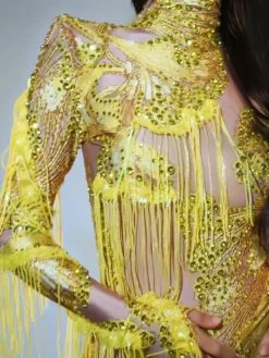Bodysuits|Tops*Jiu Bajia O/S Shatora One Shoulder Rhinestone Fringe Bodysuit In Yellow
