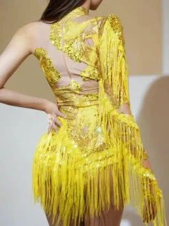 Bodysuits|Tops*Jiu Bajia O/S Shatora One Shoulder Rhinestone Fringe Bodysuit In Yellow