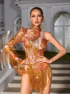Bodysuits|Tops*Jiu Bajia O/S Shatora One Shoulder Rhinestone Fringe Bodysuit In Orange