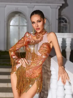 Bodysuits|Tops*Jiu Bajia O/S Shatora One Shoulder Rhinestone Fringe Bodysuit In Orange