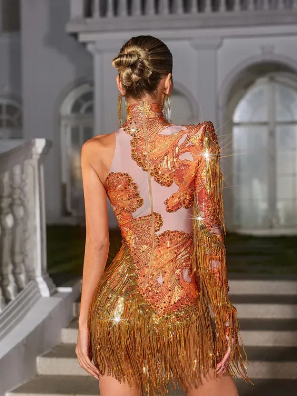 Bodysuits|Tops*Jiu Bajia O/S Shatora One Shoulder Rhinestone Fringe Bodysuit In Orange