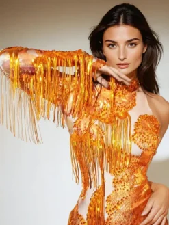 Bodysuits|Tops*Jiu Bajia O/S Shatora One Shoulder Rhinestone Fringe Bodysuit In Orange