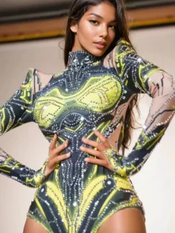 Bodysuits|Tops*Jiu Bajia O/S Shatoya Long Sleeve Rhinestone Printed Bodysuit
