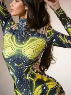 Bodysuits|Tops*Jiu Bajia O/S Shatoya Long Sleeve Rhinestone Printed Bodysuit
