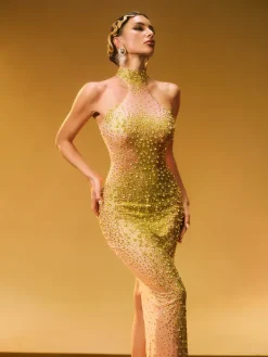 Dresses|Maxi Dresses*Jiu Bajia O/S Shawnette Ombre Halterneck Rhinestone Maxi Dress In Yellow