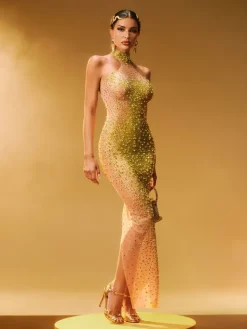 Dresses|Maxi Dresses*Jiu Bajia O/S Shawnette Ombre Halterneck Rhinestone Maxi Dress In Yellow