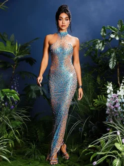 Dresses|Maxi Dresses*Jiu Bajia O/S Shawnette Ombre Halterneck Rhinestone Maxi Dress In Blue