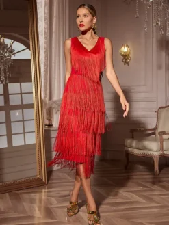 Dresses|Midi Dresses*Mew Mews Fashion Sheadon V Neck Fringe Midi Dress