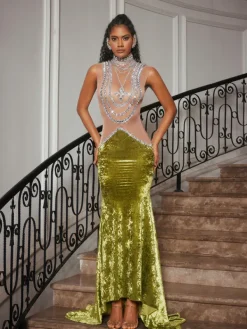 Dresses|Maxi Dresses*Jiu Bajia O/S Shelyn Rhinestone Velvet Mermaid Maxi Dress