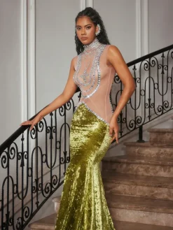 Dresses|Maxi Dresses*Jiu Bajia O/S Shelyn Rhinestone Velvet Mermaid Maxi Dress