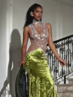 Dresses|Maxi Dresses*Jiu Bajia O/S Shelyn Rhinestone Velvet Mermaid Maxi Dress