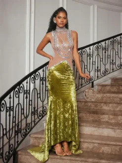 Dresses|Maxi Dresses*Jiu Bajia O/S Shelyn Rhinestone Velvet Mermaid Maxi Dress