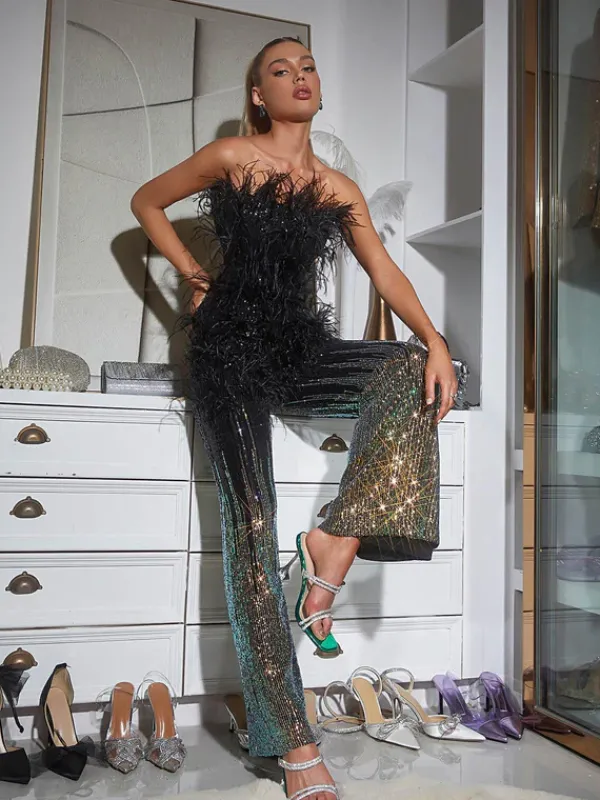 Jumpsuits & Romper*Mew Mews Fashion Shiva Ombre Feather Sequin Jumpsuit