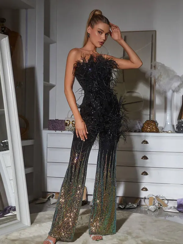 Jumpsuits & Romper*Mew Mews Fashion Shiva Ombre Feather Sequin Jumpsuit