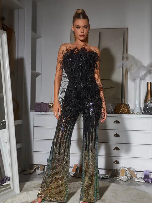 Jumpsuits & Romper*Mew Mews Fashion Shiva Ombre Feather Sequin Jumpsuit