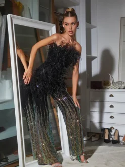 Jumpsuits & Romper*Mew Mews Fashion Shiva Ombre Feather Sequin Jumpsuit