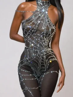 Jumpsuits & Romper|Embellishment*Nuo Fansi Siesen Cutout Cobweb Rhinestone Mesh Jumpsuit In Black