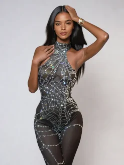 Jumpsuits & Romper|Embellishment*Nuo Fansi Siesen Cutout Cobweb Rhinestone Mesh Jumpsuit In Black