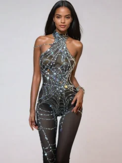 Jumpsuits & Romper|Embellishment*Nuo Fansi Siesen Cutout Cobweb Rhinestone Mesh Jumpsuit In Black