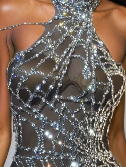 Jumpsuits & Romper|Embellishment*Nuo Fansi Siesen Cutout Cobweb Rhinestone Mesh Jumpsuit In Black