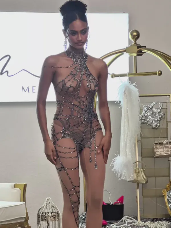 Jumpsuits & Romper|Embellishment*Nuo Fansi Siesen Cutout Cobweb Rhinestone Mesh Jumpsuit In Nude