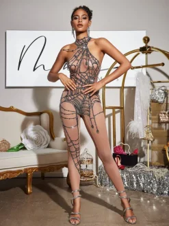Jumpsuits & Romper|Embellishment*Nuo Fansi Siesen Cutout Cobweb Rhinestone Mesh Jumpsuit In Nude