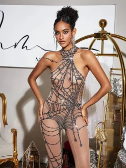 Jumpsuits & Romper|Embellishment*Nuo Fansi Siesen Cutout Cobweb Rhinestone Mesh Jumpsuit In Nude
