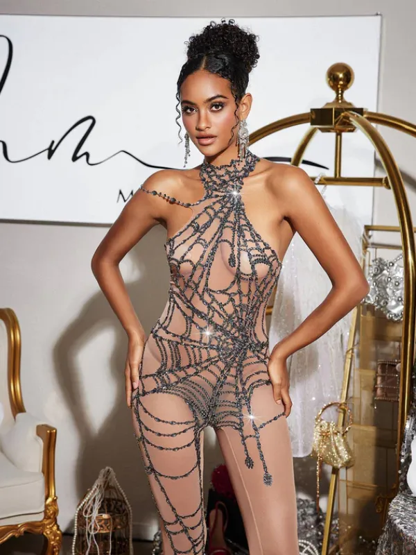 Jumpsuits & Romper|Embellishment*Nuo Fansi Siesen Cutout Cobweb Rhinestone Mesh Jumpsuit In Nude