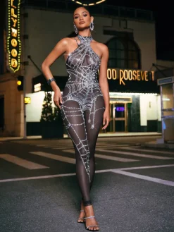 Jumpsuits & Romper|Embellishment*Nuo Fansi Siesen Cutout Cobweb Rhinestone Mesh Jumpsuit In Black
