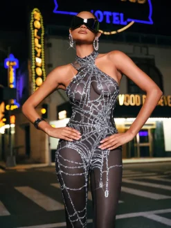 Jumpsuits & Romper|Embellishment*Nuo Fansi Siesen Cutout Cobweb Rhinestone Mesh Jumpsuit In Black