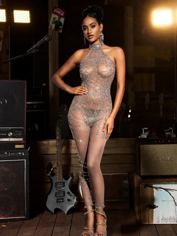 Embellishment|Jumpsuits & Romper*Nuo Fansi Siesen Turtleneck Cobweb Rhinestone Mesh Jumpsuit