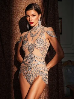 Bodysuits|Tops*Jiu Bajia O/S Simona High Neck Rhinestone Bodysuit