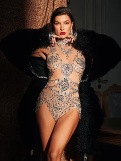 Bodysuits|Tops*Jiu Bajia O/S Simona High Neck Rhinestone Bodysuit
