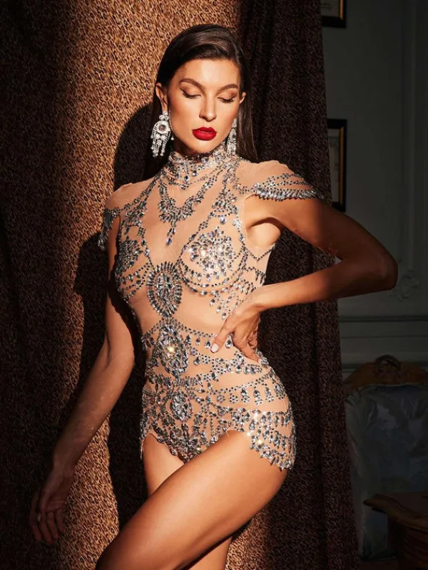 Bodysuits|Tops*Jiu Bajia O/S Simona High Neck Rhinestone Bodysuit