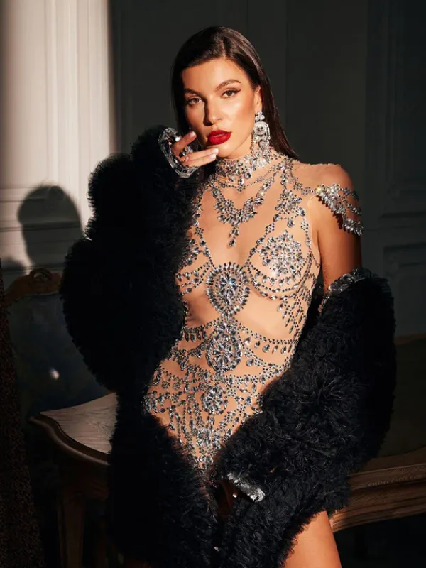 Bodysuits|Tops*Jiu Bajia O/S Simona High Neck Rhinestone Bodysuit