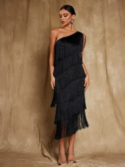 Dresses|Midi Dresses*Mew Mews Fashion Stiorra One Shoulder Fringe Midi Dress